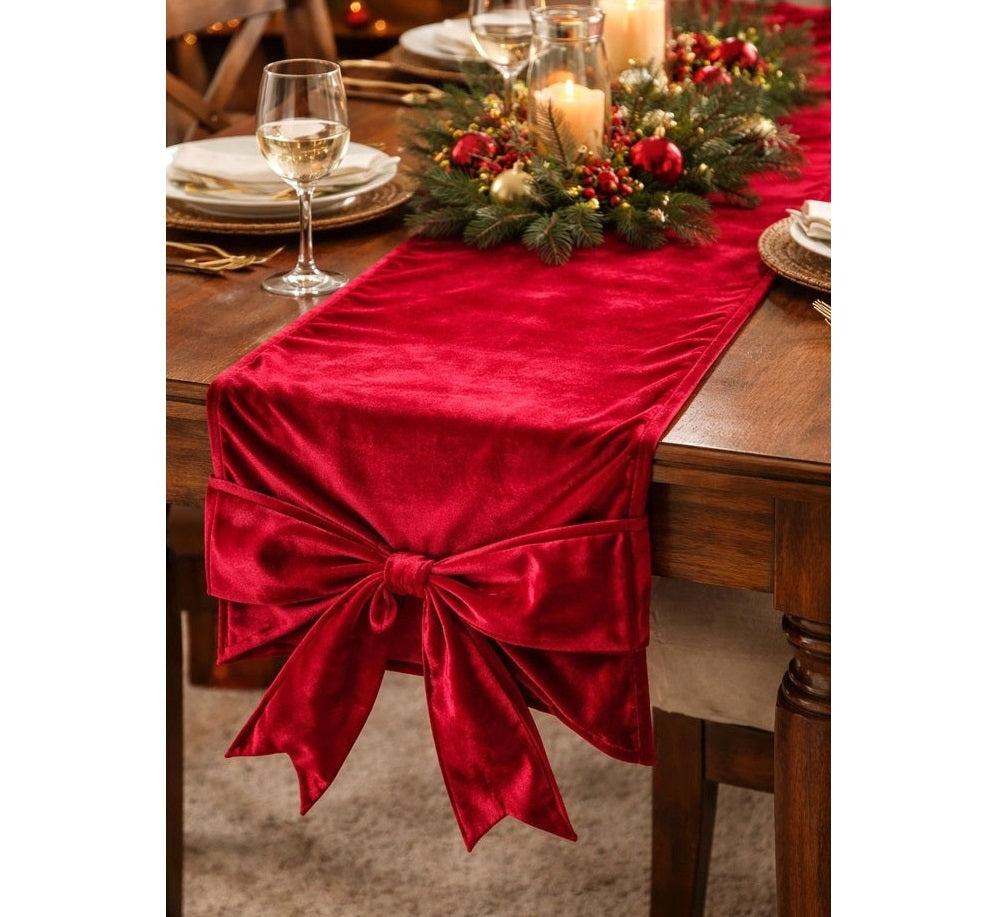 Runner Natalizio 40x120 cm in velluto con fiocco decorativo