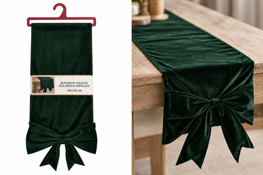 Runner Natalizio 40x120 cm in velluto con fiocco decorativo