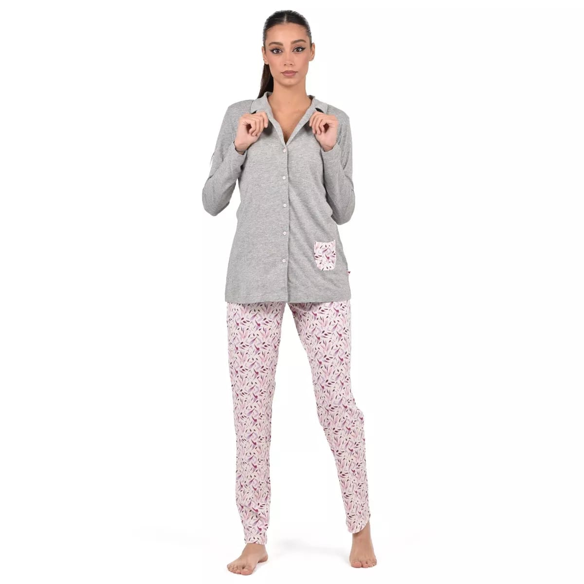 Lovable Pigiama donna L0CPS aperto cotone fiori grigio melange 026