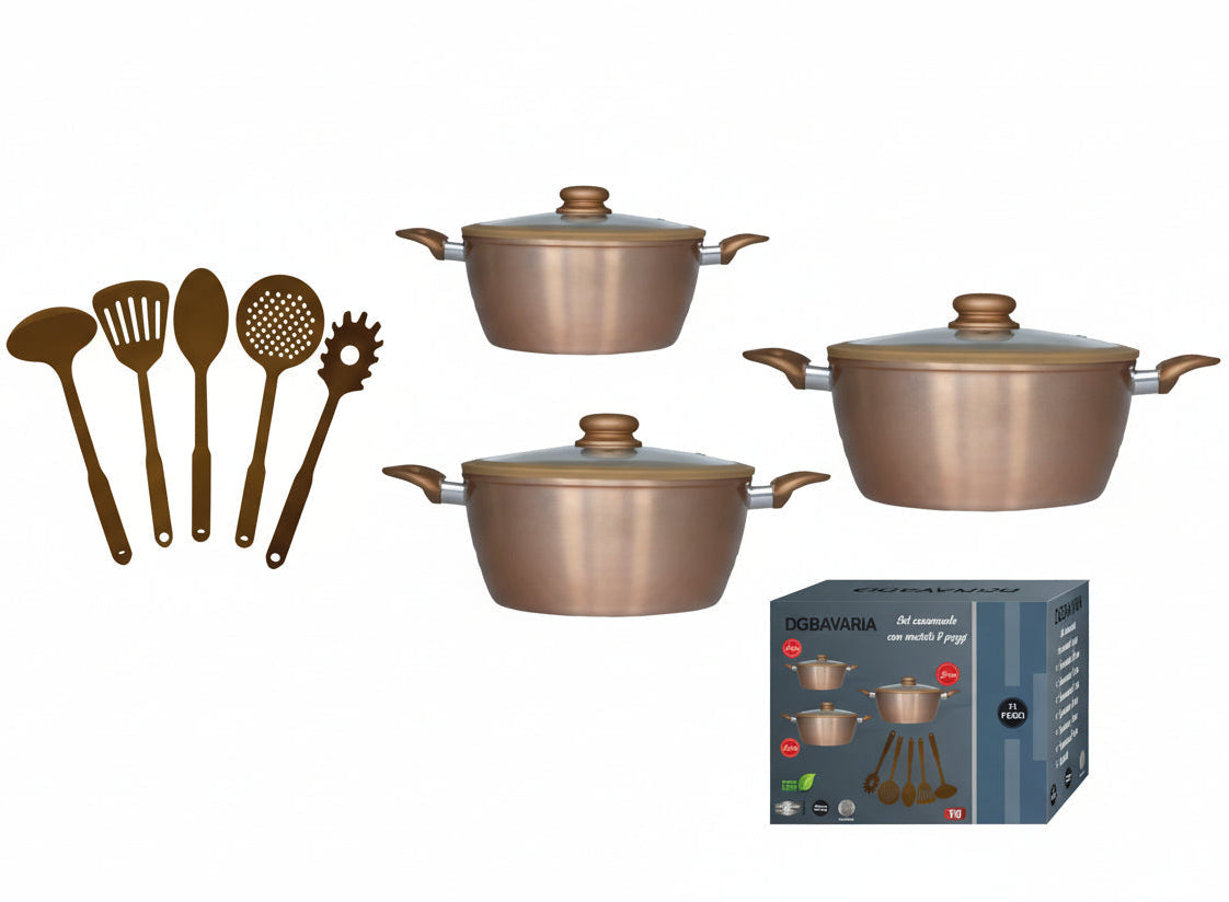 DGBavaria set 3 casseruole in rame con coperchio e con 5 mestoli