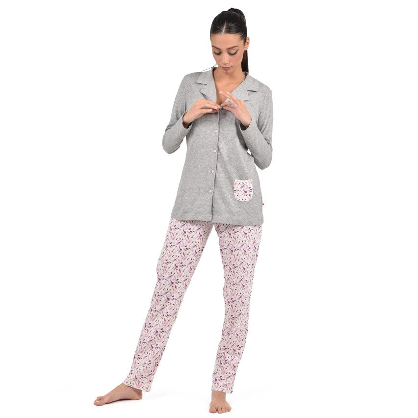 Lovable Pigiama donna L0CPS aperto cotone fiori grigio melange 026