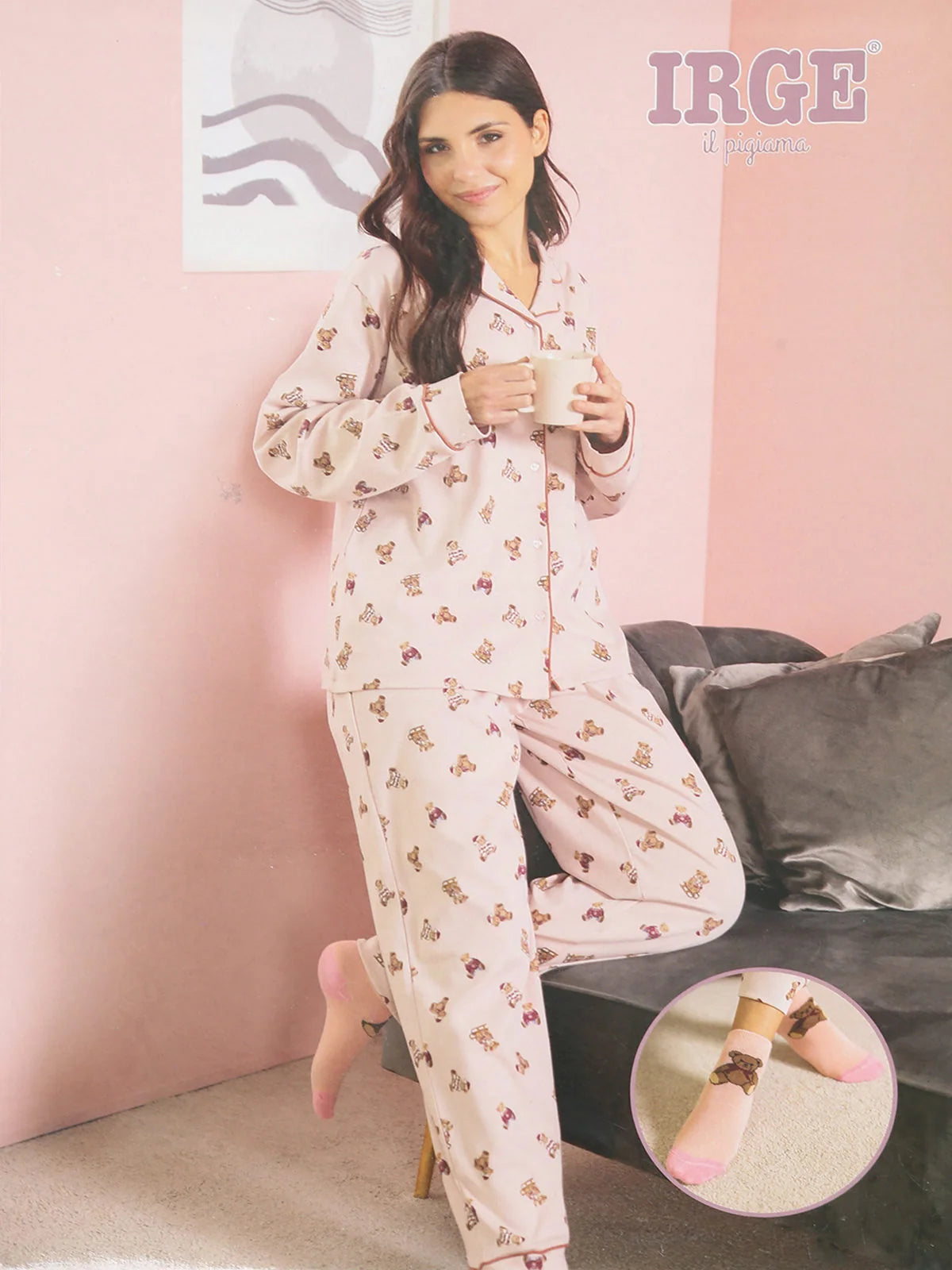Pigiama Donna Lungo in Caldo Cotone Aperto Davanti "Teddy"+ Calze Omaggio Irge MII2797