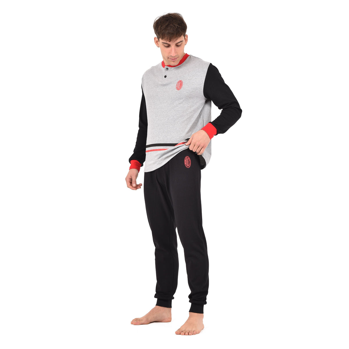 Pigiama Milan Bambino Rosso/nero - Felpa Con Zip E Pantaloni Lunghi, Cotone, Taglie 4-16 Anni, Ufficiale